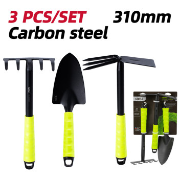 Three piece shovel, hoe and rake set